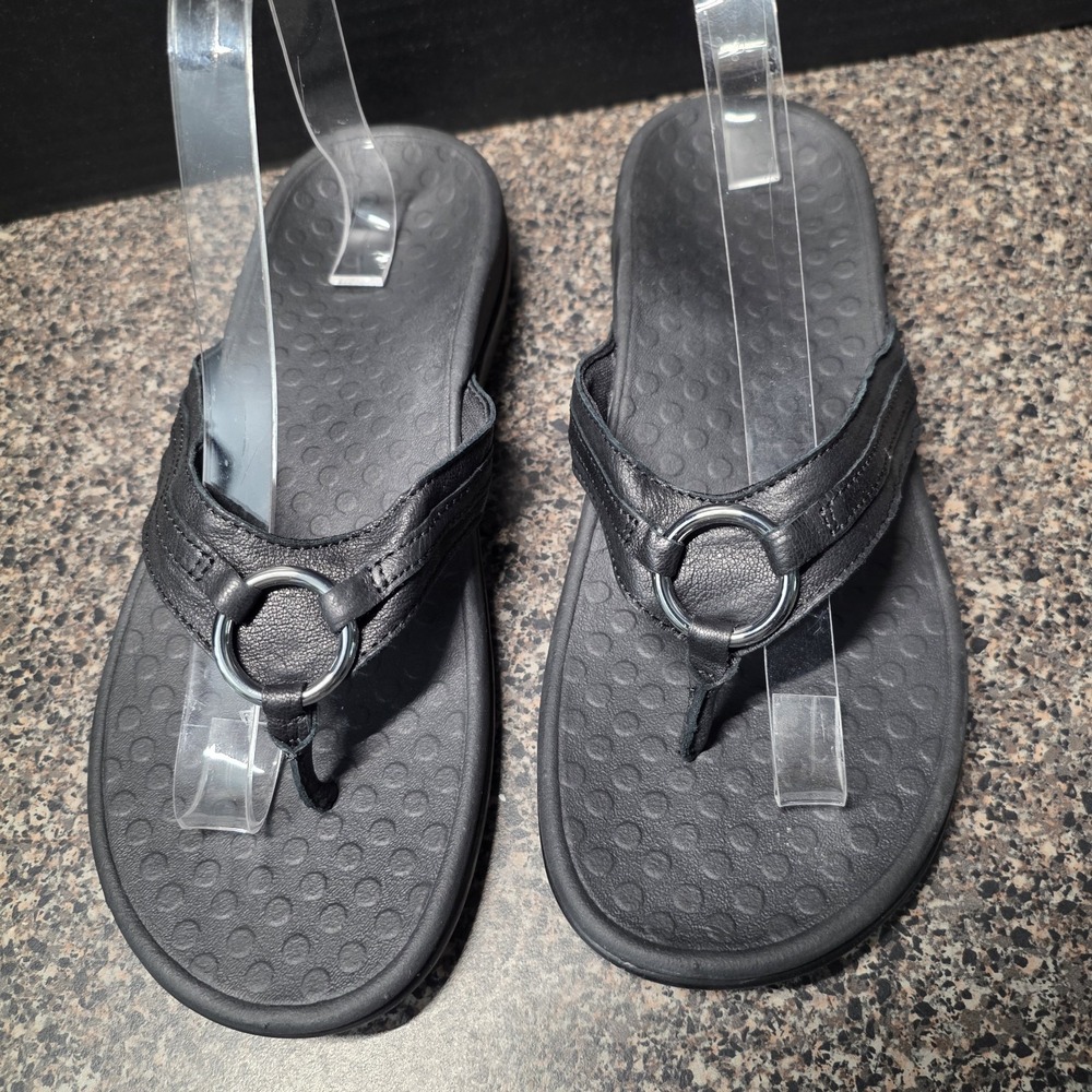 Vionic Tide Aloe Thong Toe Post Sandals Women Size 9 Black Leather Silver O-Ring - Picture 3 of 10